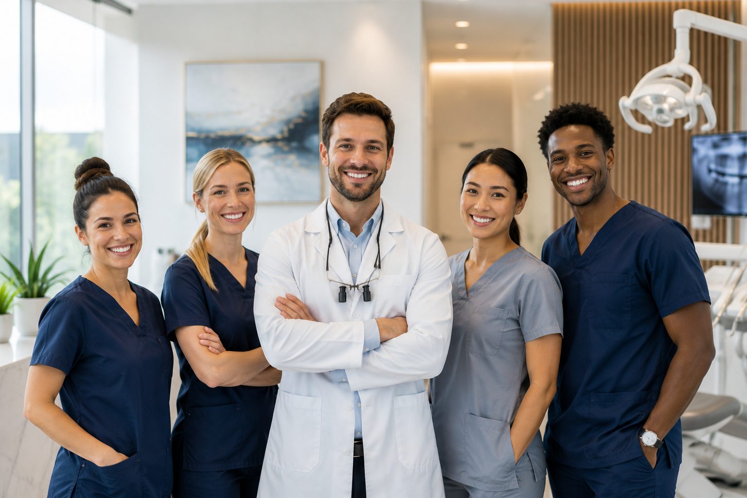 A team of dental professionals standing together in a modern Canadian clinic.
